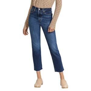 Levis Wedgie Straight Button Fly Raw Hem Jeans Medium Wash Blue Denim